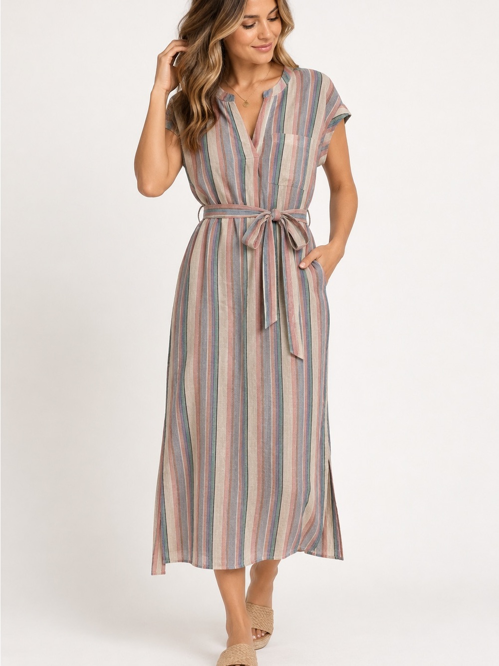 Rails Multi-Stripe Midi Dress in Blush, Blue & Sage